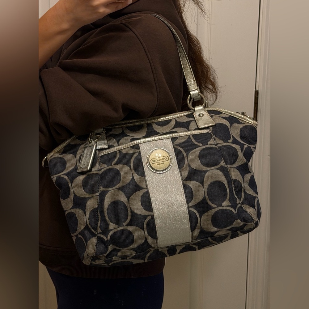Coach Signature C Denim Stripe Tote Bag Silver Accents - Picture 8 of 14
